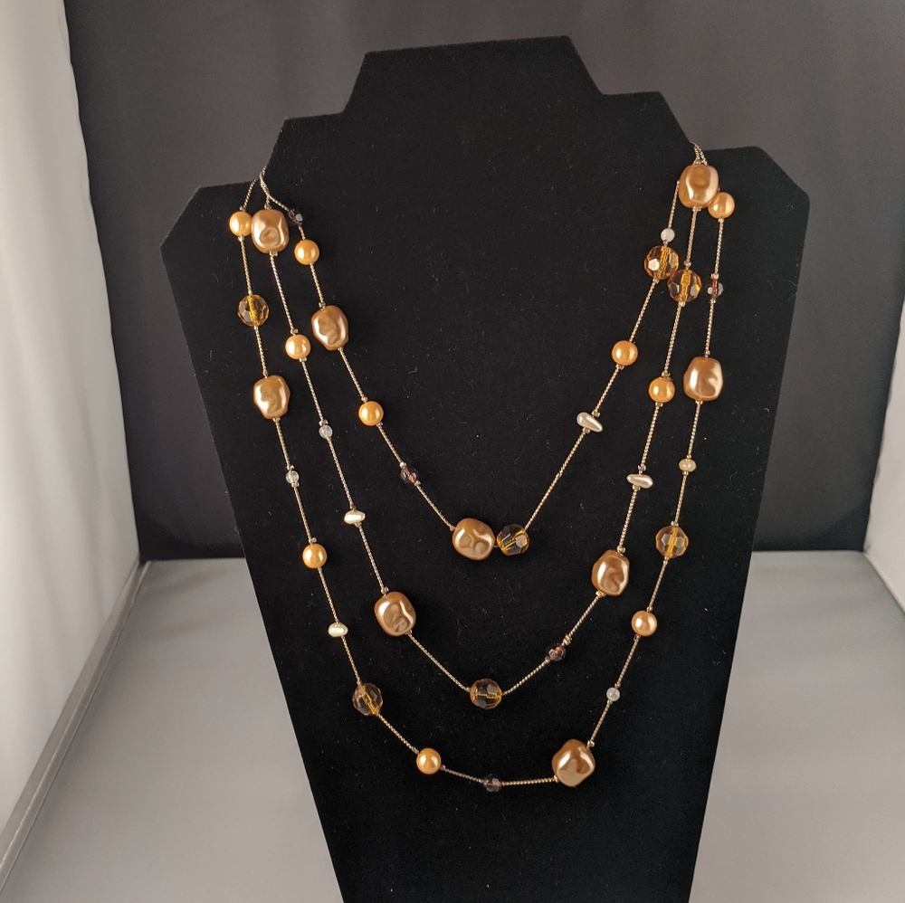 Gold Brown Beads Long Strand Necklace